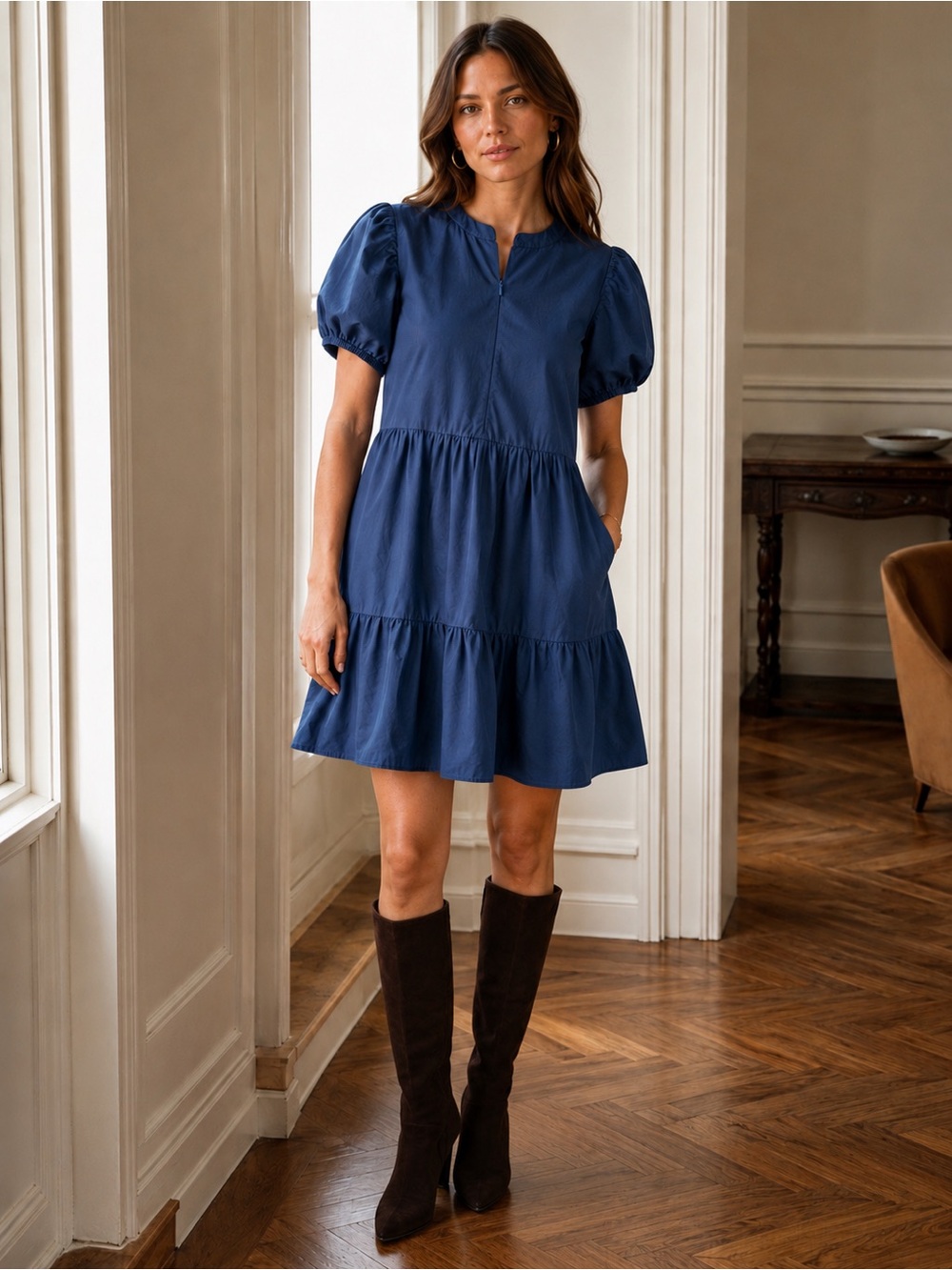 Tuckernuck Ellie Mini Dress Navy Blue Puff Sleeve Cotton Small Hyacinth House